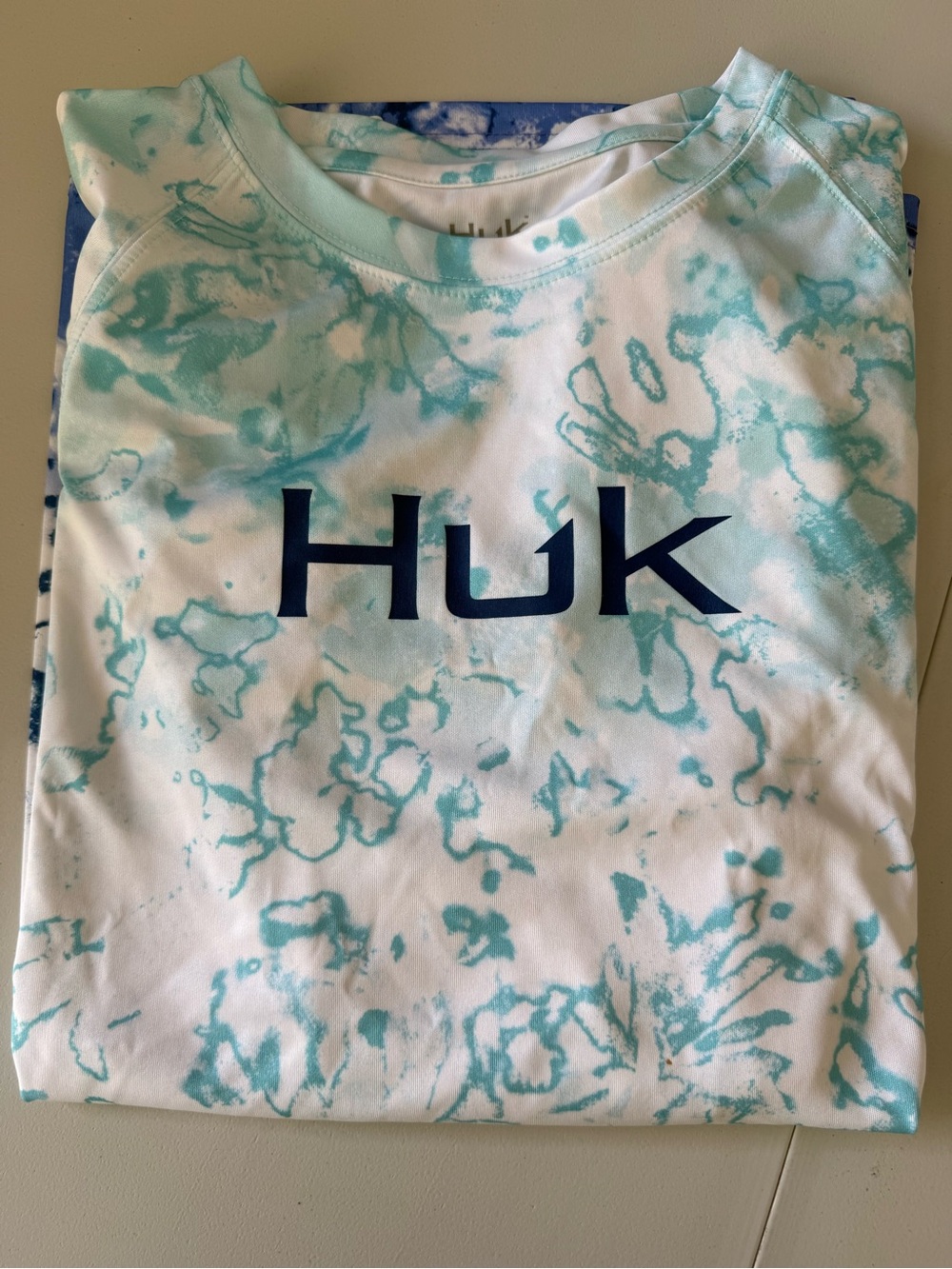 Huk White and Aqua Tie-Dye Performance Shirt with Navy Logo
